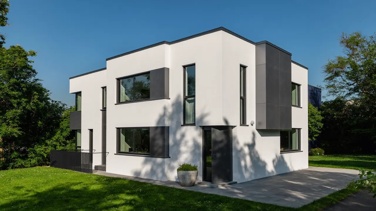 Anthracite grey windows on a modern white-render detached house