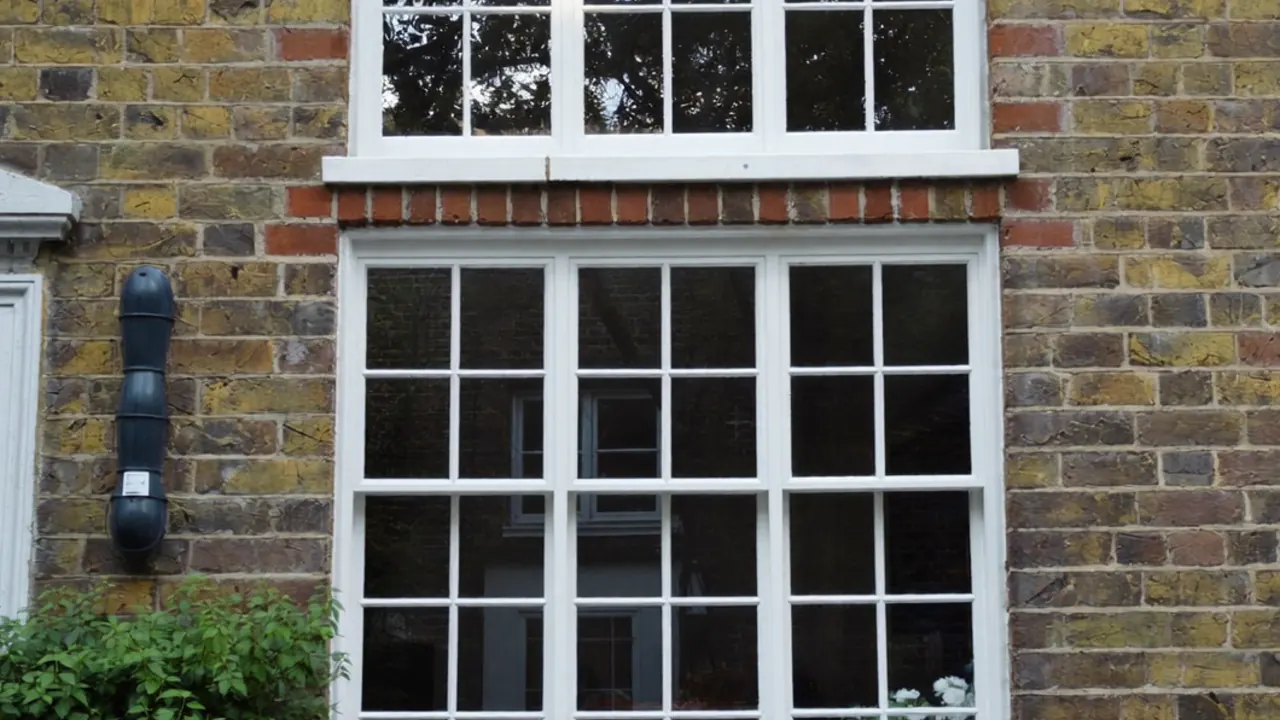 Close-up of an astragal glazing bar dividing small panes on a white window