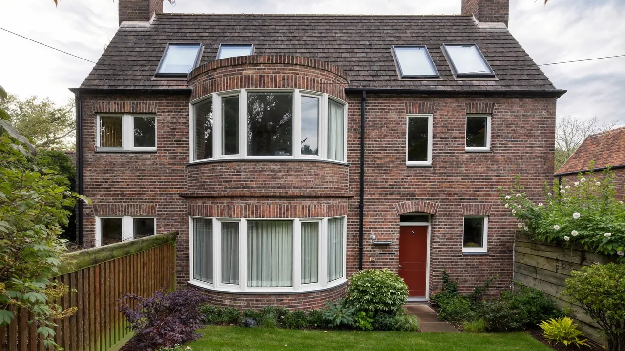Curved bow window on the front of a red-brick semi-detached UK home