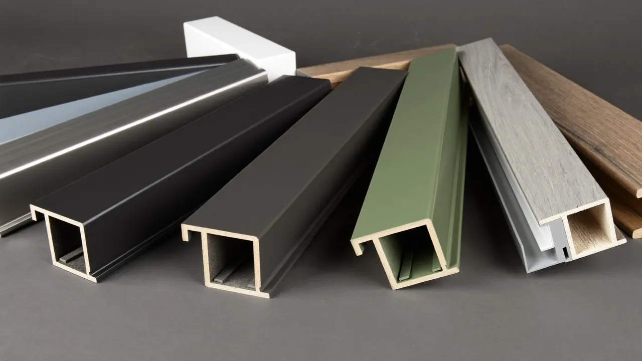 Fan of coloured uPVC window frame swatches including grey, cream, green and black