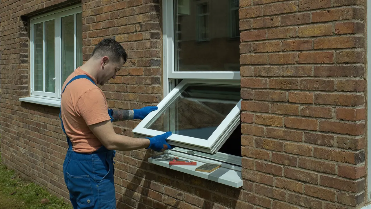 Installer fitting a new casement window into a brick opening on a UK house