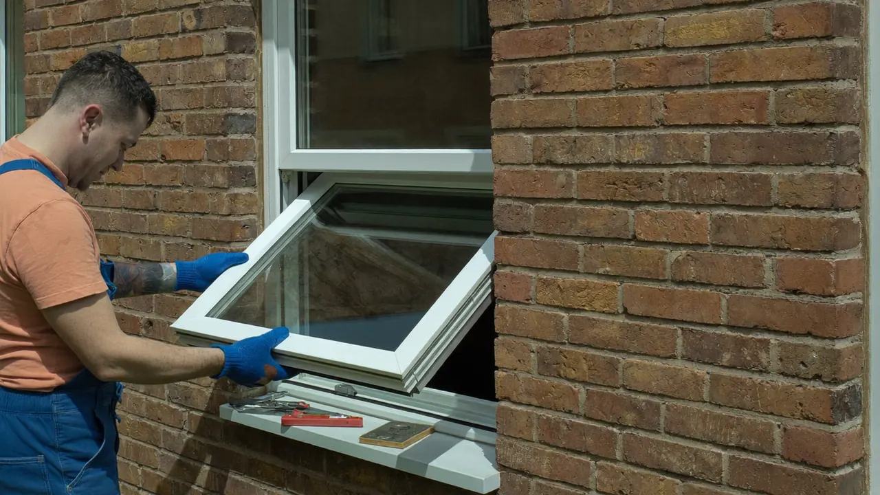 Installer measuring a flush casement window opening with a tape measure