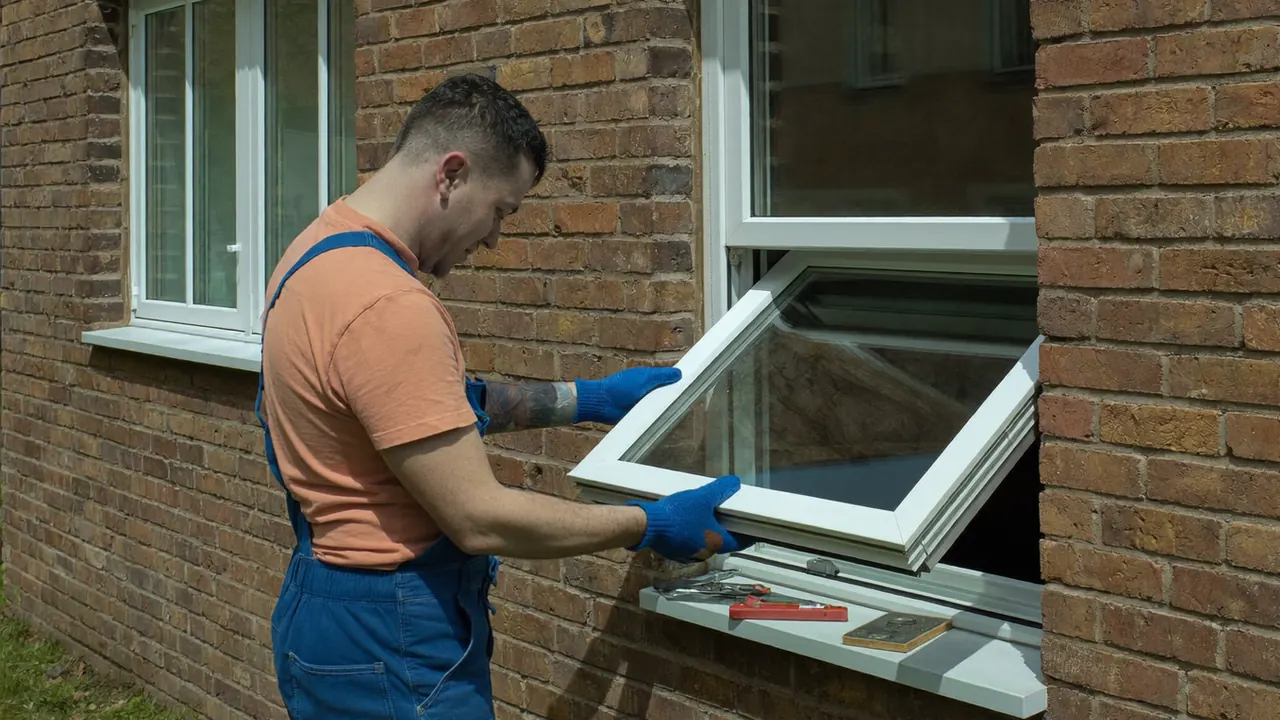 Two local window installers standing beside a work van outside a UK house