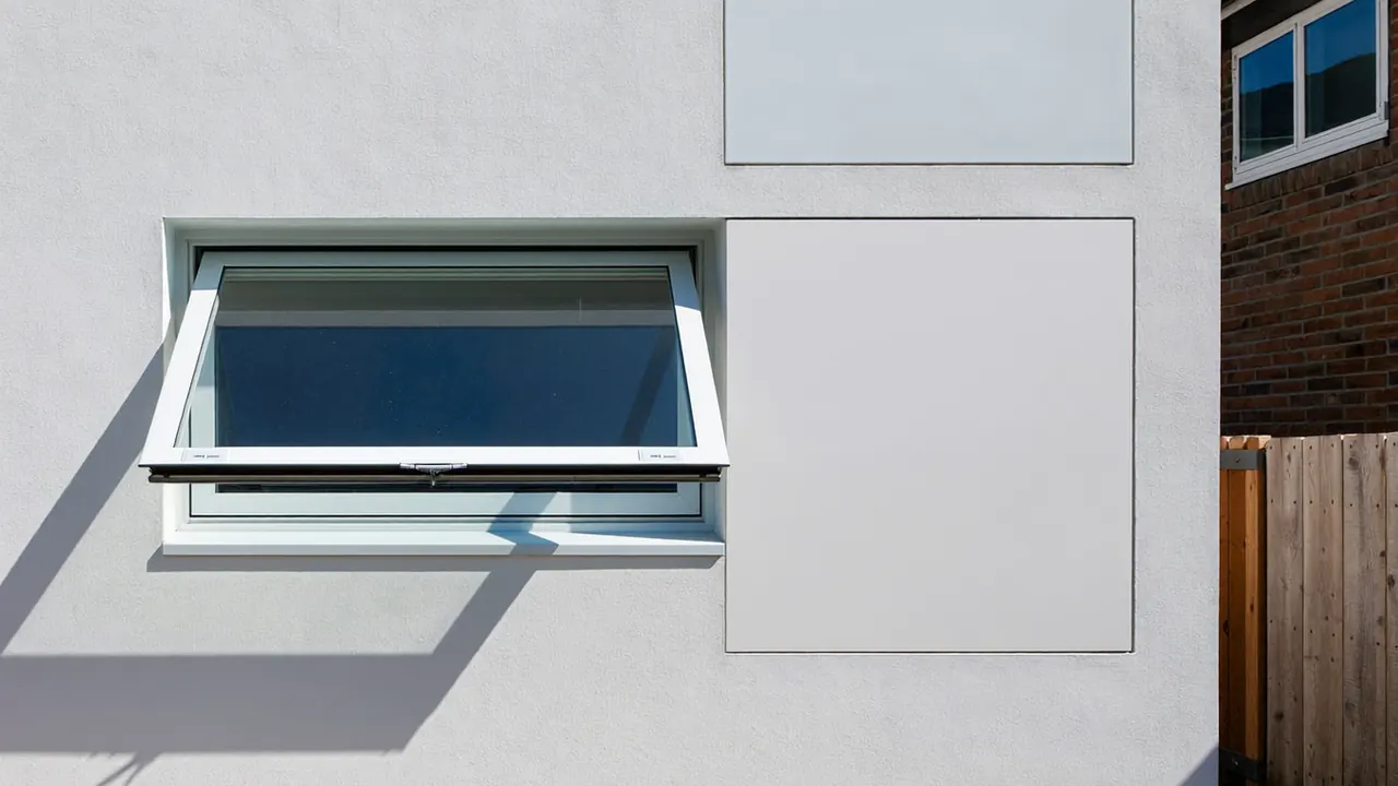 Modern new-build home with large white casement windows and grey front door