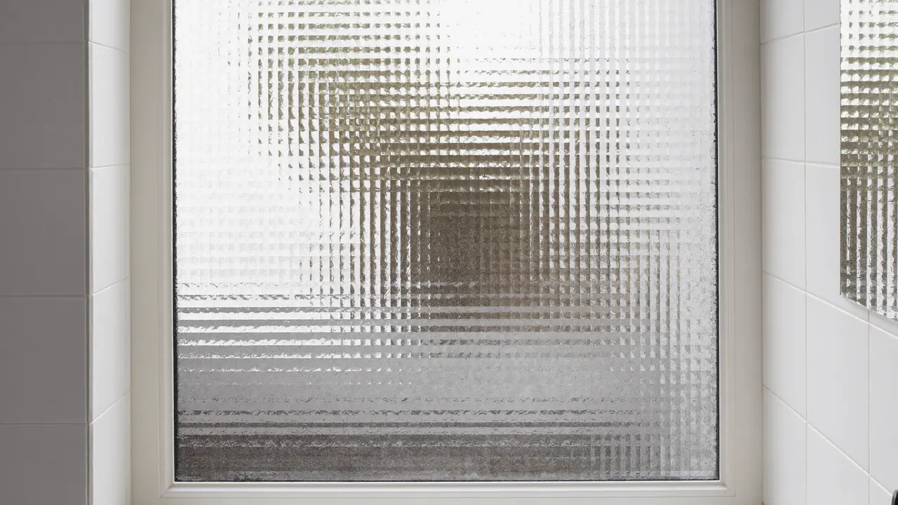Obscure textured glass in a bathroom window letting in light while keeping privacy