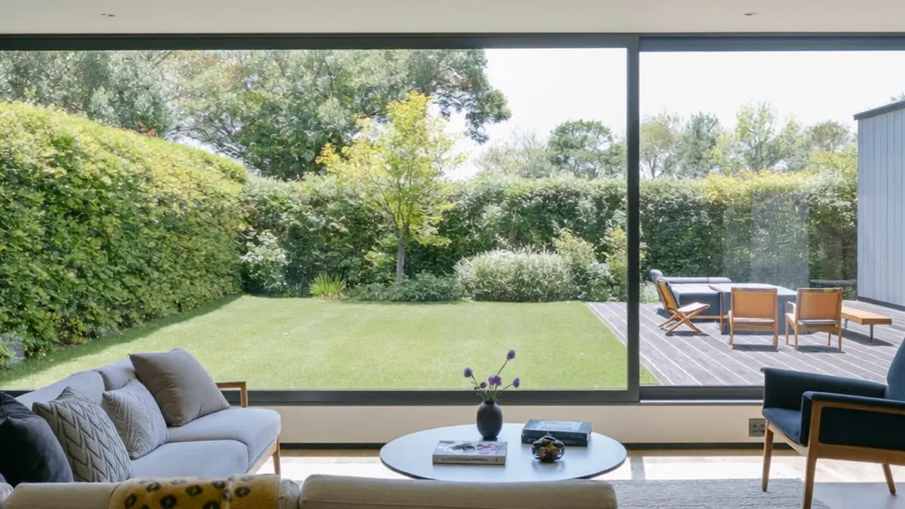 Detail of a slim window frame edge meeting a large fixed glass pane