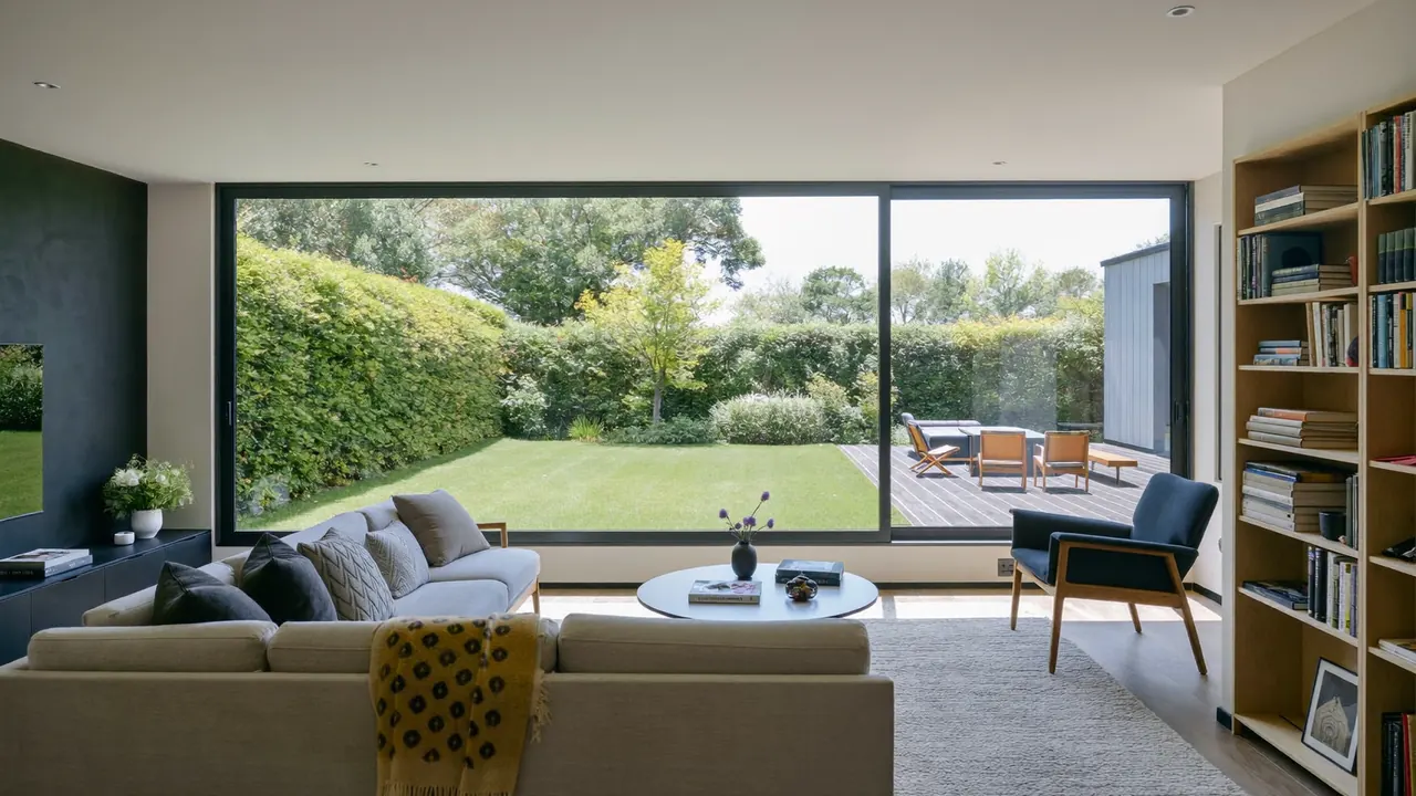 Large fixed picture window framing a garden view in an open-plan living room
