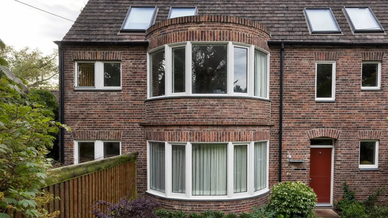 Front bay window of a Victorian brick terraced house with white frames
